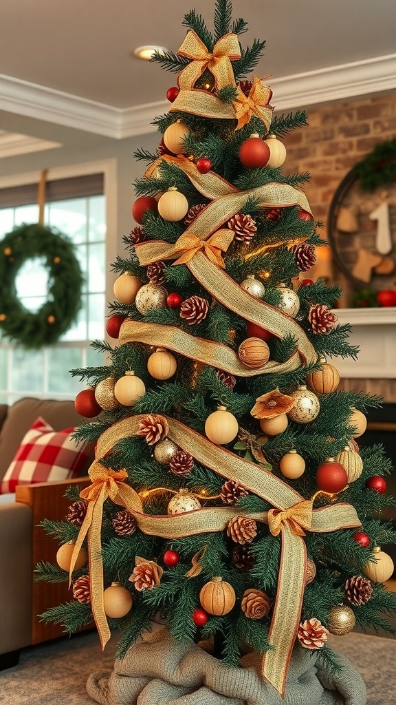 A rustic-themed Christmas tree decorated with wooden ornaments and pinecones in a cozy living room.